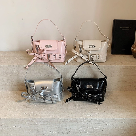 Borsa Da Donna In Pelle PU Lucida Con Cintura Con Occhielli Metallici Stile Punk Y2K Piccola Borsa A Tracolla Quadrata