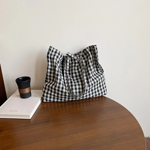 Damen Gingham Karo Tragetasche Nylon Canvas Große Kapazität Schulter Handtasche Mit Schleife Dekor Lässiger Stil