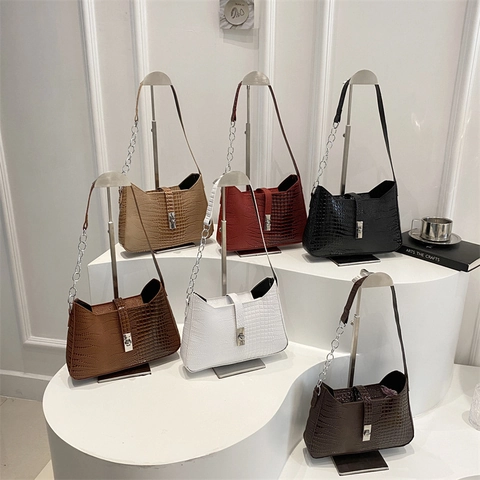 Women Crocodile Pattern PU Leather Baguette Bag Urban Fashion Underarm Shoulder Bag With Silver Chain Strap