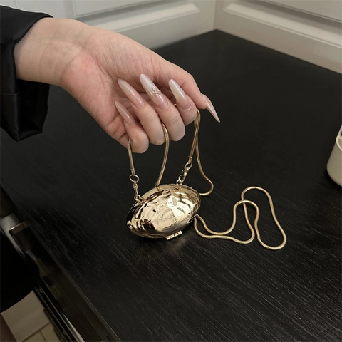 Mini Abendtasche Metall Gehämmerte Schalenform Crossbody Schlangenkette Schick Mode Damen