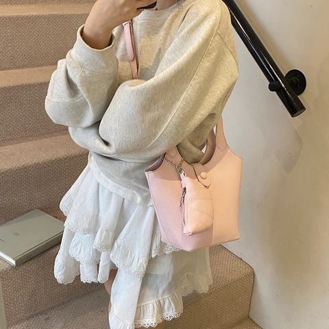 Bolso Cubo Mujer Textura Lychee Cuero PU Bolso De Mano Con Mini Pochette Bolso De Hombro Casual Moda Urbana