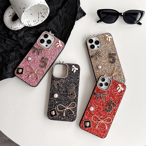 Luxury Glitter Phone Case With Alloy Bowknot Faux Artificial Pearl Rhinestone 3D Decoration Elegant Protective Cover