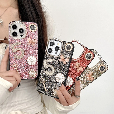 Luxury Glitter Butterfly Rhinestone Phone Case For iPhone 17 16 Pro Max Hard PC Cover Pearl Flower Key Pendant For Women