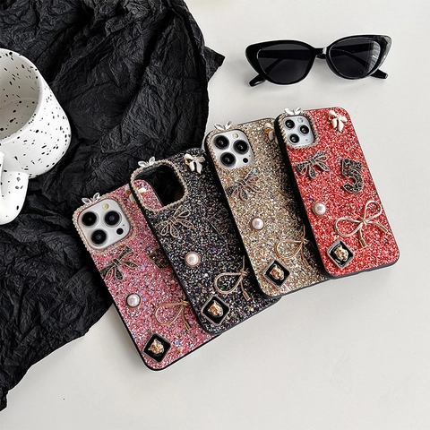 Luxury Glitter Phone Case With Alloy Bowknot Faux Artificial Pearl Rhinestone 3D Decoration Elegant Protective Cover