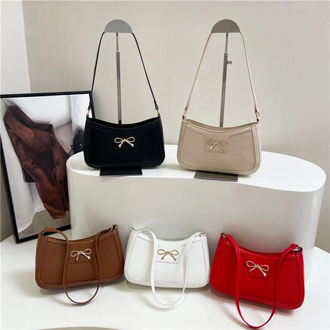 Borsa Baguette Rilievo Coccodrillo Pelle PU Fiocco Dorato Borsa A Spalla Sottoascella Moda Per Donna
