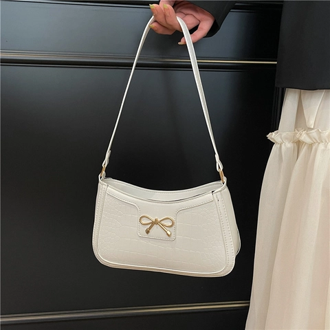 Borsa Baguette Rilievo Coccodrillo Pelle PU Fiocco Dorato Borsa A Spalla Sottoascella Moda Per Donna