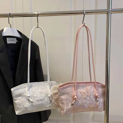 Borsa Tote da Donna alla Moda con Ricamo a Farfalla in Pizzo Grande Capacità Borsa a Tracolla Sottobraccio con Tracolla in Pelle PU Borsa Casual Quotidiana