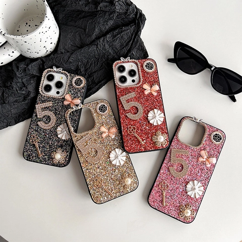 Luxury Glitter Butterfly Rhinestone Phone Case For iPhone 17 16 Pro Max Hard PC Cover Pearl Flower Key Pendant For Women