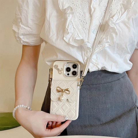 Crossbody Phone Case Quilted Leather Wallet Bag With Bow Artificial Pearl Pendant Rhinestone Smile For iPhone