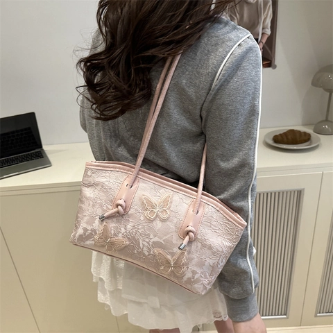 Borsa Tote da Donna alla Moda con Ricamo a Farfalla in Pizzo Grande Capacità Borsa a Tracolla Sottobraccio con Tracolla in Pelle PU Borsa Casual Quotidiana