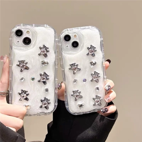 Custodia Per Telefono Orso In Metallo 3D Con Strass Compatibile Con iPhone 17 16 Pro Max Lusso Bordo Ondulato TPU Antiurto