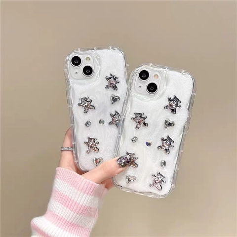 Custodia Per Telefono Orso In Metallo 3D Con Strass Compatibile Con iPhone 17 16 Pro Max Lusso Bordo Ondulato TPU Antiurto
