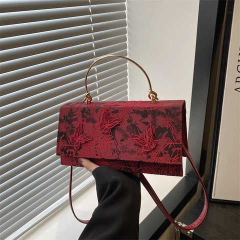 Sac À Main Femme Élégant Dentelle Broderie Papillon 3D Sac En Cuir PU Avec Poignée Métallique Or Sac Bandoulière Épaule
