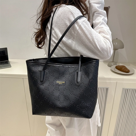 Floral Embossed PU Leather Tote Bag For Women Large Capacity Shoulder Underarm Bag Minimalist Summer Daily Work Handbag