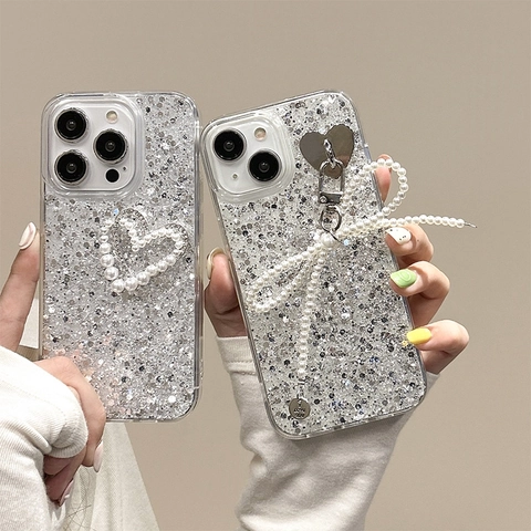 Luxury Silver Glitter Phone Case With Artificial Pearl Heart And Bow Pendant For iPhone TPU Soft Cover Elegant Shiny