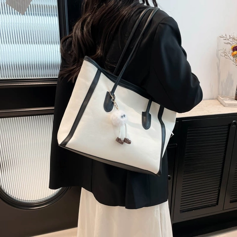 Borsa Tote Vintage a Blocchi di Colore per Donna Grande Capacità Pelle Sintetica Tela Borsa a Spalla 2025 Primavera Quotidiana