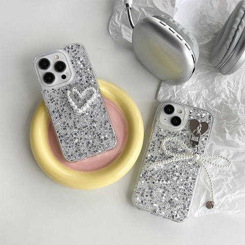 Luxury Silver Glitter Phone Case With Artificial Pearl Heart And Bow Pendant For iPhone TPU Soft Cover Elegant Shiny