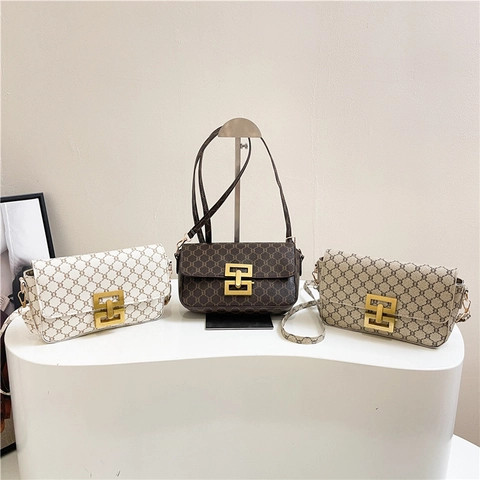 Borsa A Tracolla Donna Pelle PU Stampa Monogramma Stile Rétro Vintage Fibbia Metallo Dorato Piccola Patta Quadrata