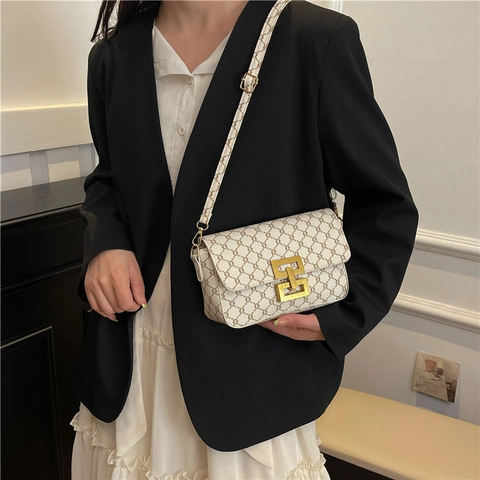 Borsa A Tracolla Donna Pelle PU Stampa Monogramma Stile Rétro Vintage Fibbia Metallo Dorato Piccola Patta Quadrata
