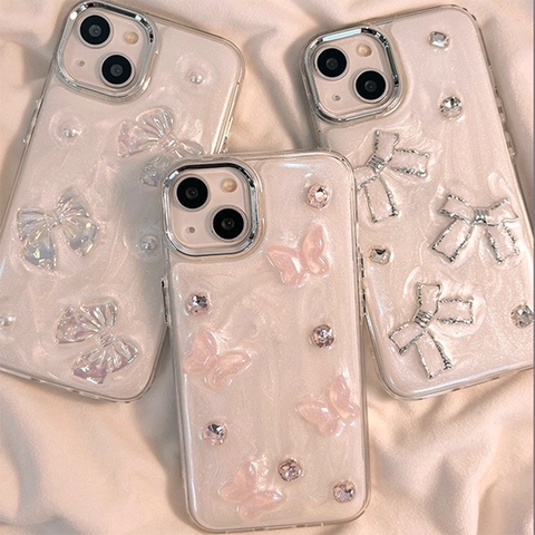 Glitter Butterfly Phone Case Rhinestone Artificial Pearl Bowknot Sparkly TPU Shockproof Cover For Women Girls Soft Shell