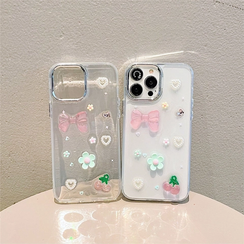 Coque De Téléphone Nœud Fleur Cerise En Résine 3D Transparent TPU Cadre Galvanisé Antichoc Doux Mignon