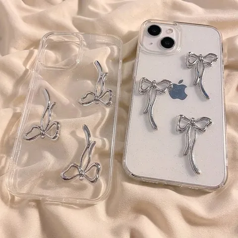 Custodia TPU Antiurto Con Fiocco In Metallo Argento 3D Glitter Brillante Per Serie iPhone Donne Ragazze Stile Ins