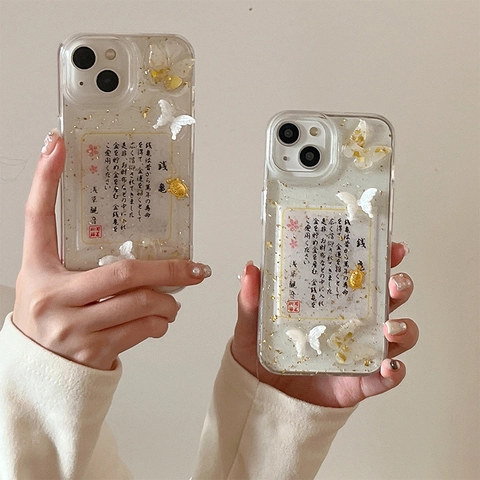 Stoßfeste Transparente TPU Handyhülle Mit Goldfolie 3D Schmetterling Und Geldkröte Japanische Glückskarte