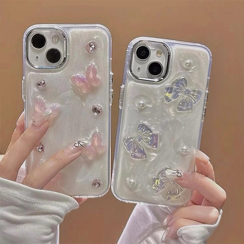 Glitter Butterfly Phone Case Rhinestone Artificial Pearl Bowknot Sparkly TPU Shockproof Cover For Women Girls Soft Shell