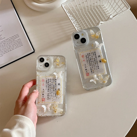 Stoßfeste Transparente TPU Handyhülle Mit Goldfolie 3D Schmetterling Und Geldkröte Japanische Glückskarte