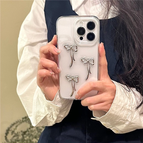 Durchsichtige Handyhülle Mit 3D Silberner Schleife Für iPhone Serie Transparente Schutzhülle Stoßfest Elegant Damen
