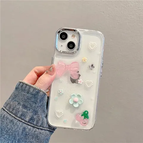 Coque De Téléphone Nœud Fleur Cerise En Résine 3D Transparent TPU Cadre Galvanisé Antichoc Doux Mignon