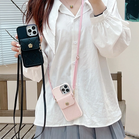 iPhone Case With Crossbody Strap Wallet Card Holder PU Leather Rhombic Quilting Camellia Buckle TPU Shockproof For Women