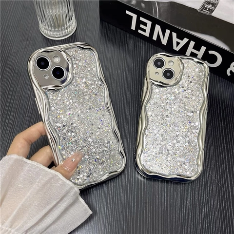 Glinsterende Pailletten Telefoonhoesje Zilver Gegalvaniseerd Golfkader Volledige Camerabescherming Schokbestendig Voor Vrouwen