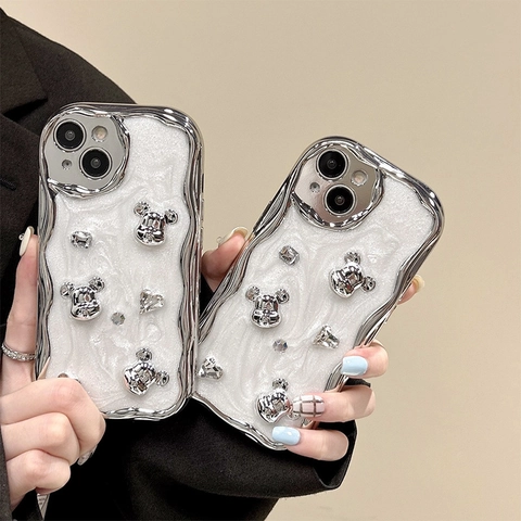 Custodia Per Telefono Con Cornice A Onde Con Orso Argento 3D E Strass A Cuore Cover In TPU Per IPhone
