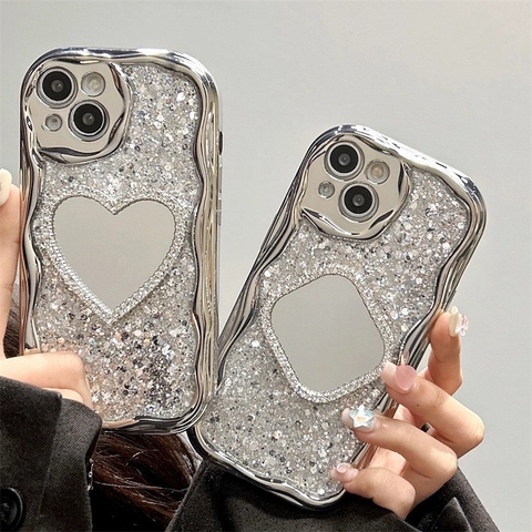 Silver Electroplated Wave Edge Mobile Phone Case Shiny Glitter Rhinestone Heart Mirror Luxury Protective Cover Women