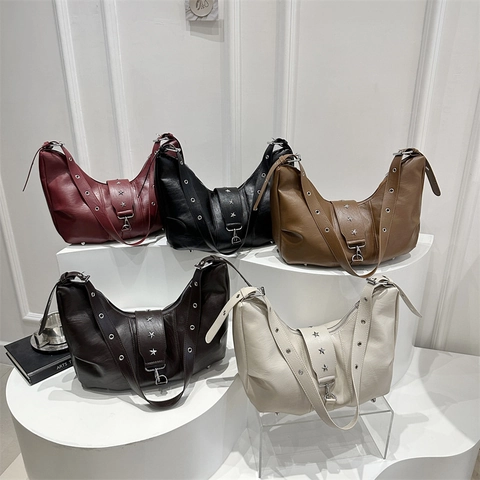 Retro Hobo Schoudertas PU Leer Grote Capaciteit Ster Klinknagels Verstelbare Riem Y2K Punk Stijl Voor Dames