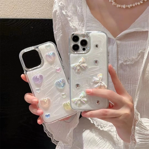 Smartphone Hoesje TPU Glinster Lijm Hars Hart Strik Strass Gegalvaniseerd Frame Beschermhoes