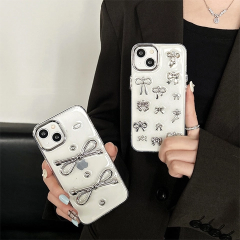 Custodia Per Telefono Con Fiocco Per IPhone 17 16 15 Pro Max TPU Texture Metallica Glitter Farfalla 3D Cornice Lucida