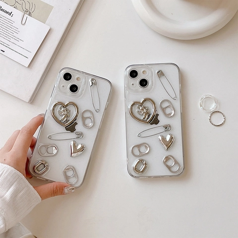 Transparent Glitter TPU Phone Case Silver Heart Angel Safety Pin Pull Tab 3D Decor Y2K Punk Style Protective Cover