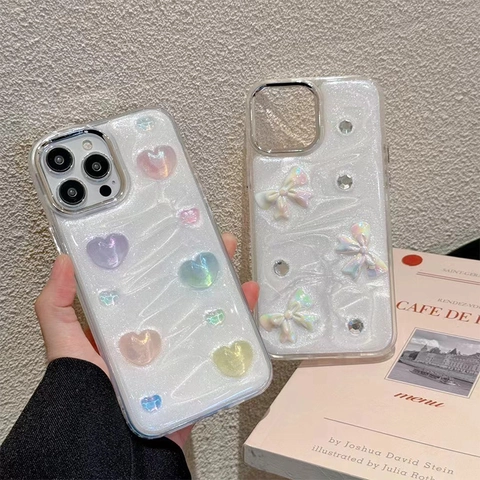 Smartphone Hoesje TPU Glinster Lijm Hars Hart Strik Strass Gegalvaniseerd Frame Beschermhoes