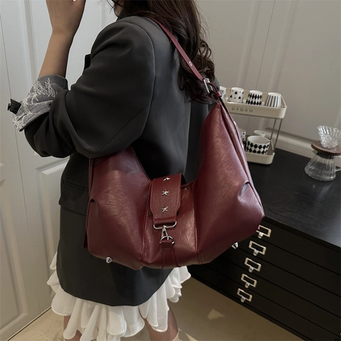 Retro Hobo Schoudertas PU Leer Grote Capaciteit Ster Klinknagels Verstelbare Riem Y2K Punk Stijl Voor Dames