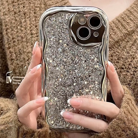 Glinsterende Pailletten Telefoonhoesje Zilver Gegalvaniseerd Golfkader Volledige Camerabescherming Schokbestendig Voor Vrouwen