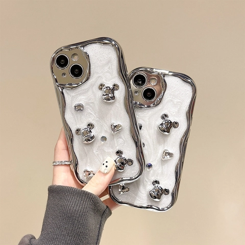 Custodia Per Telefono Con Cornice A Onde Con Orso Argento 3D E Strass A Cuore Cover In TPU Per IPhone
