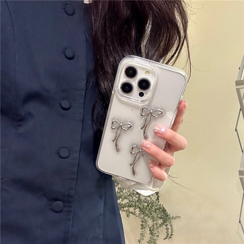 Durchsichtige Handyhülle Mit 3D Silberner Schleife Für iPhone Serie Transparente Schutzhülle Stoßfest Elegant Damen