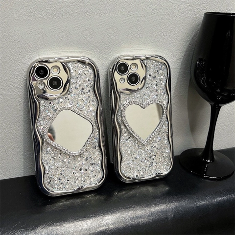 Silver Electroplated Wave Edge Mobile Phone Case Shiny Glitter Rhinestone Heart Mirror Luxury Protective Cover Women