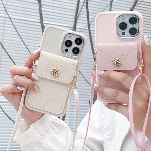 iPhone Case With Crossbody Strap Wallet Card Holder PU Leather Rhombic Quilting Camellia Buckle TPU Shockproof For Women