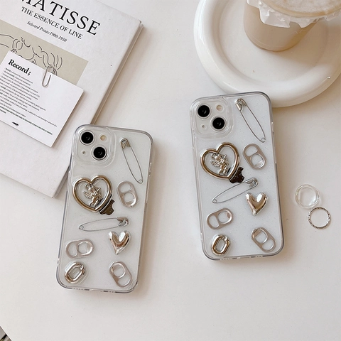 Transparent Glitter TPU Phone Case Silver Heart Angel Safety Pin Pull Tab 3D Decor Y2K Punk Style Protective Cover
