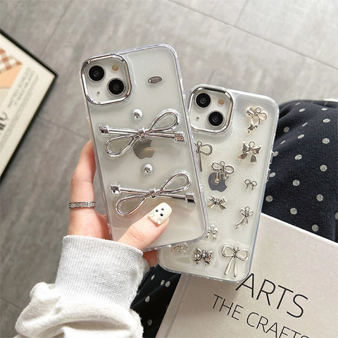 Custodia Per Telefono Con Fiocco Per IPhone 17 16 15 Pro Max TPU Texture Metallica Glitter Farfalla 3D Cornice Lucida