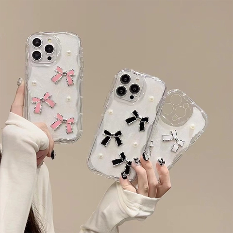 Wavy Edge Phone Case Compatible With IPhone Glitter TPU Soft Cover With Bowknot And Artificial Pearl Decoration Sweet Fashionable Protective