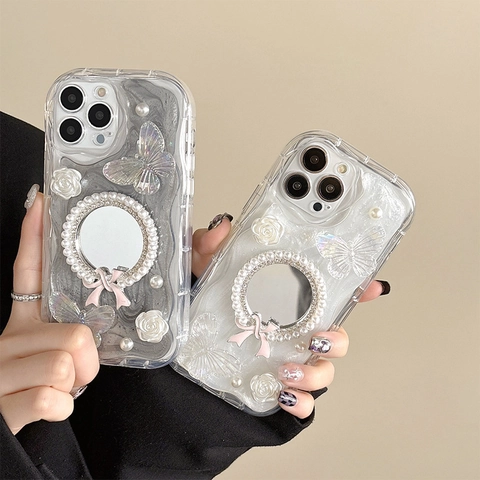 Coque iPhone Avec Miroir De Maquillage Künstliche Perle Papillon Fleur Décoration TPU Luxe Esthétique Douce Pour Femmes Filles